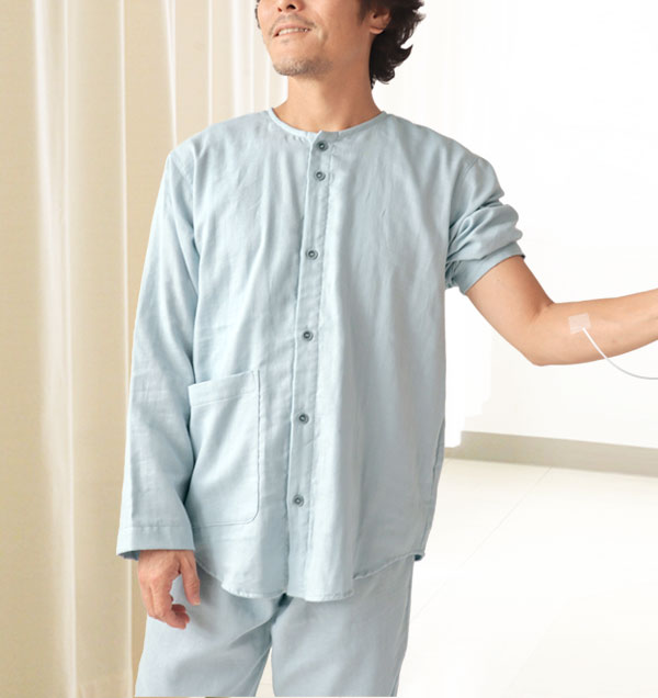ふわふわ柔らかダブルガーゼのメンズ入院パジャマ 上下セット・長袖/前開き/襟なし
