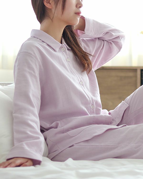 3重ガーゼレディースパジャマ 上下セット・長袖/前開き/襟あり