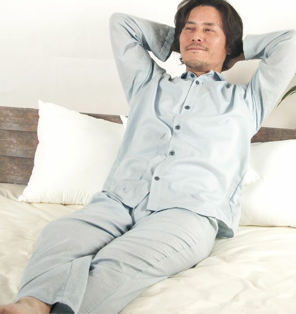 夏のかるふわガーゼメンズパジャマ 上下セット・長袖/前開き/襟あり