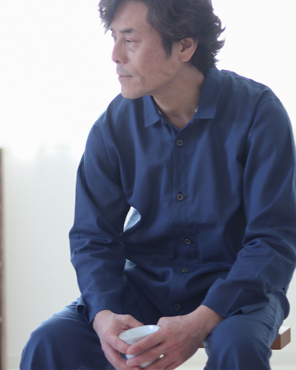 夏のかるふわガーゼメンズパジャマ 上下セット・長袖/前開き/襟あり
