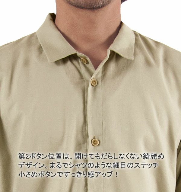 デザイン説明：第一ボタンと第二ボタンの間隔を狭めることで、第一ボタンを開けて着てもだらしなくならない。小さめボタンを採用しているので見た目もスッキリしています