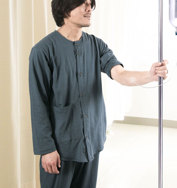やわらか天竺ニットのメンズ入院パジャマ 上下セット・長袖/前開き/襟なし