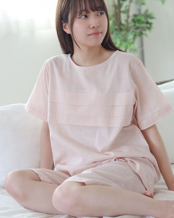 【改良版】真夏の超涼しいガーゼレディースパジャマ 上下セット・半袖/かぶり/短パン/ラウンドネック