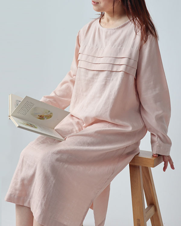 ふわふわ柔らかダブルガーゼレディースワンピース・長袖/かぶり/ラウンドネック