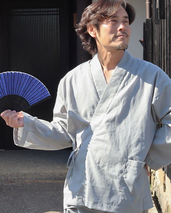 夏のかるふわガーゼメンズ作務衣 上下セット・長袖