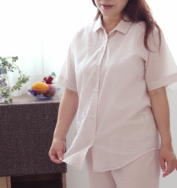 エアリーリップルレディースパジャマ 上下セット・半袖/前開き/襟あり