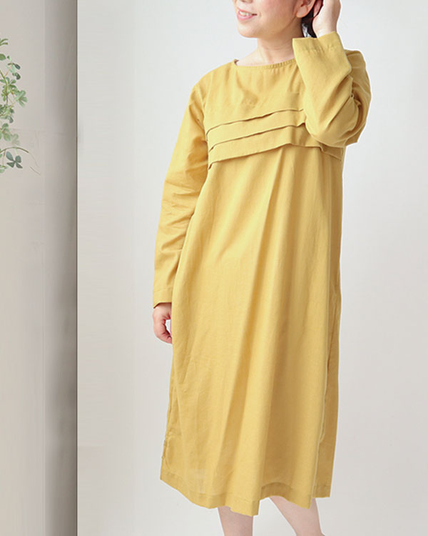 夏のかるふわガーゼレディースワンピース・長袖/かぶり/ラウンドネック