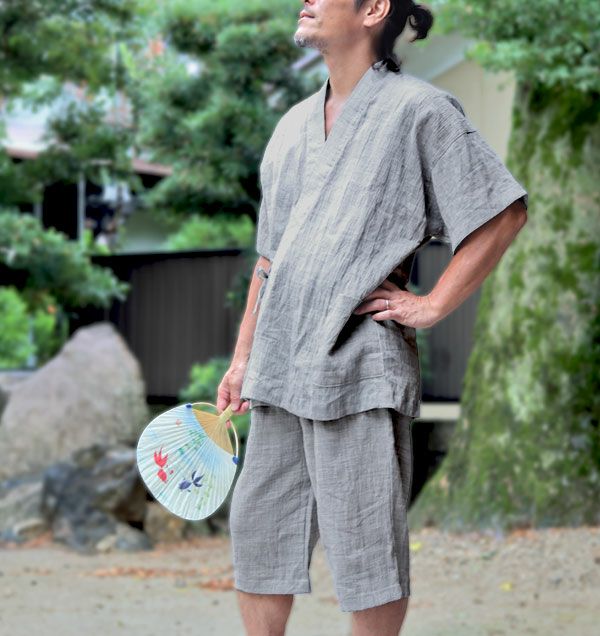 近江ちぢみ麻メンズ甚平 上下セット・半袖/短パン