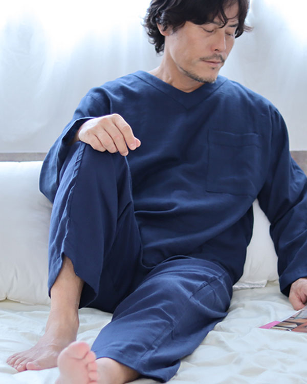 ふわふわ柔らかダブルガーゼメンズパジャマ 上下セット・長袖/かぶり/Vネック