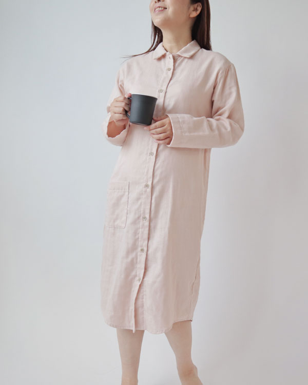 ふわふわ柔らかダブルガーゼレディースワンピース・長袖/前開き/襟あり