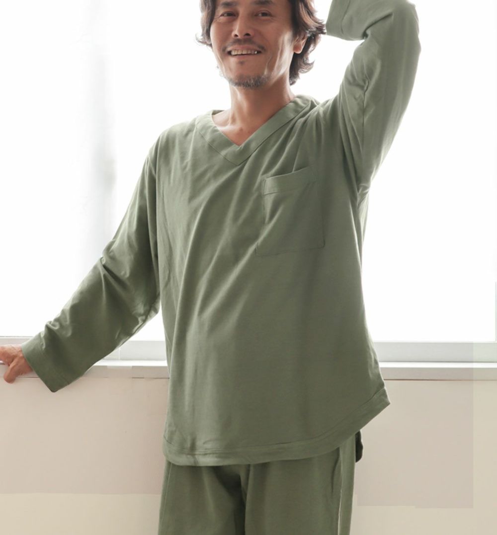 やわらか天竺ニットメンズパジャマ 上下セット・長袖/かぶり/Vネック