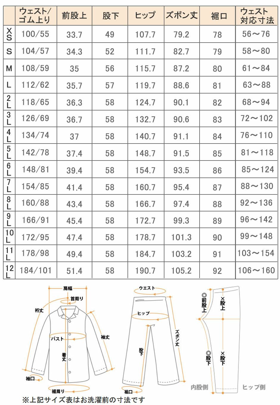 ズボンサイズ表