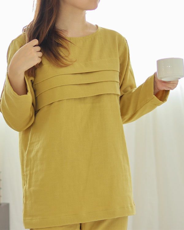 3重ガーゼレディースパジャマ 上下セット・長袖/かぶり/ラウンドネック