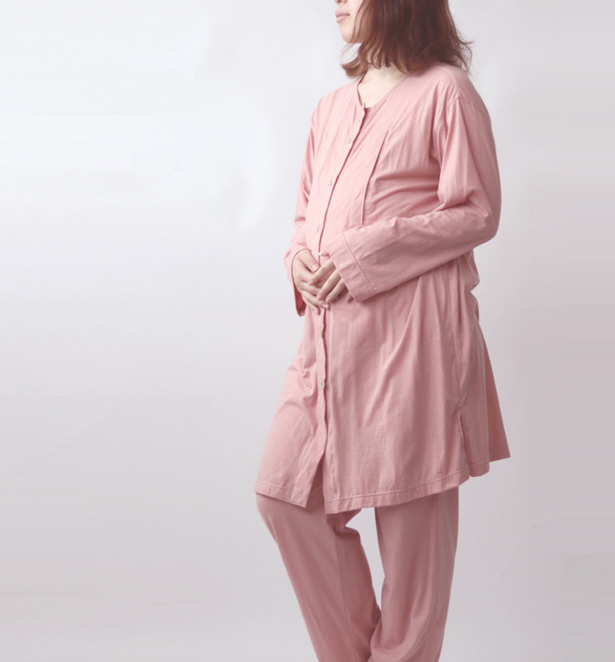 やわらか天竺ニットレディースマタニティパジャマ 上下セット・長袖/前開き/襟なし