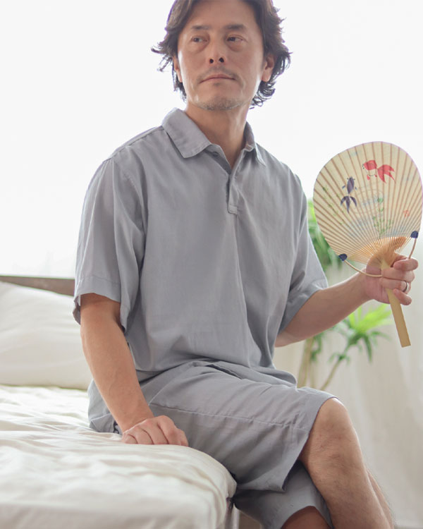 夏のかるふわガーゼメンズパジャマ 上下セット・半袖/かぶり/ポロカラー/短パン