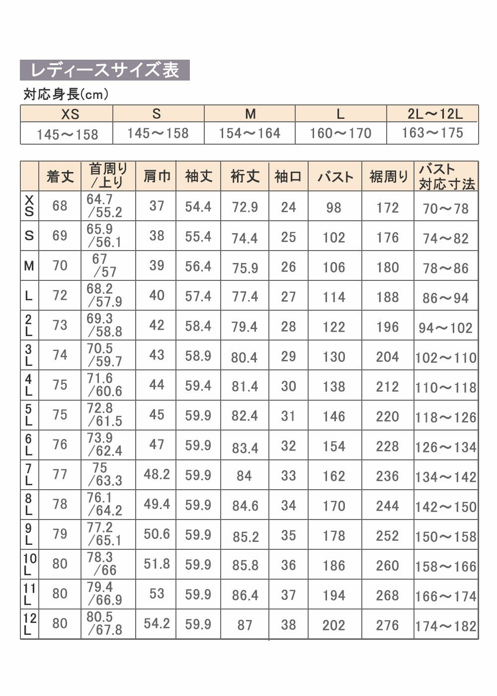 上着サイズ表