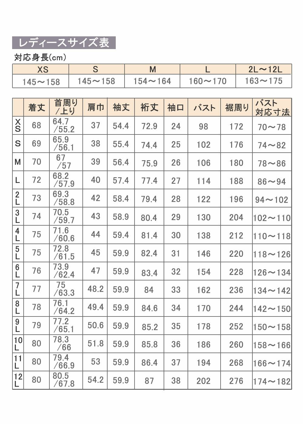 上着サイズ表