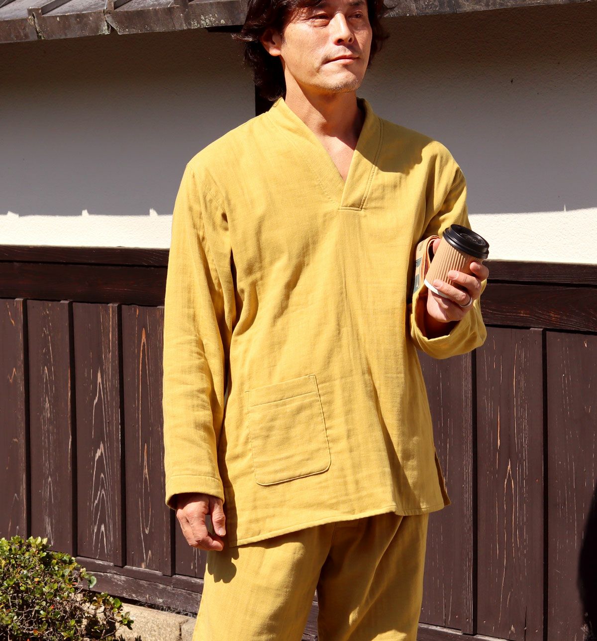 3重ガーゼメンズ作務衣下着・ズボン付/長袖/かぶり