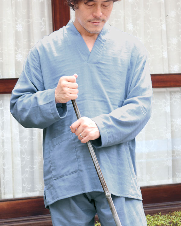 ふわふわ柔らかダブルガーゼメンズ作務衣下着・ズボン付/長袖/かぶり