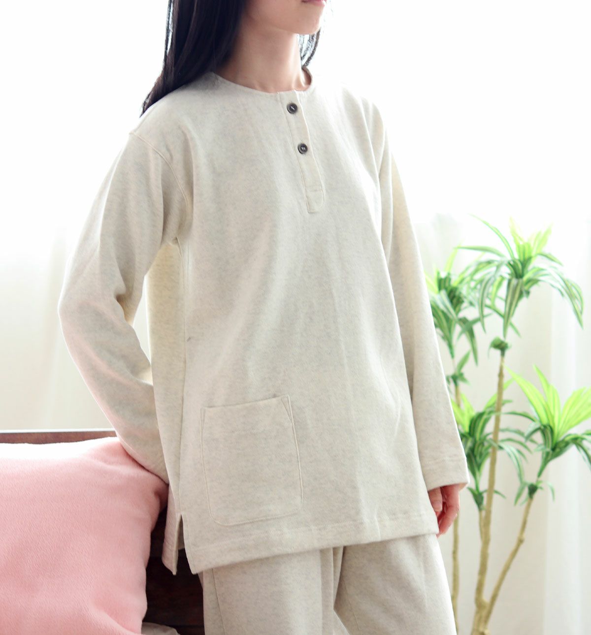 裏起毛スウェットレディースパジャマ 上下セット・長袖/かぶり/ヘンリーネック