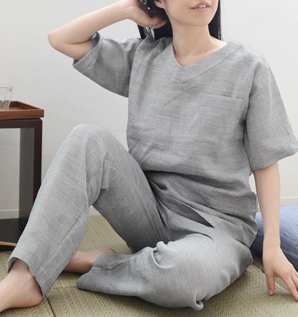 近江ちぢみ麻レディースパジャマ 上下セット・半袖/かぶり/Vネック