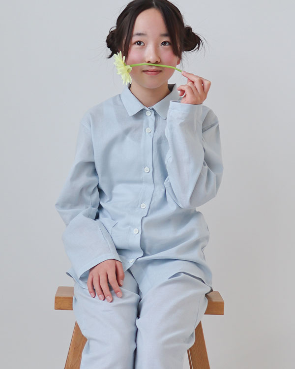 夏のかるふわガーゼ女の子パジャマ上下セット・長袖/前開き/襟あり