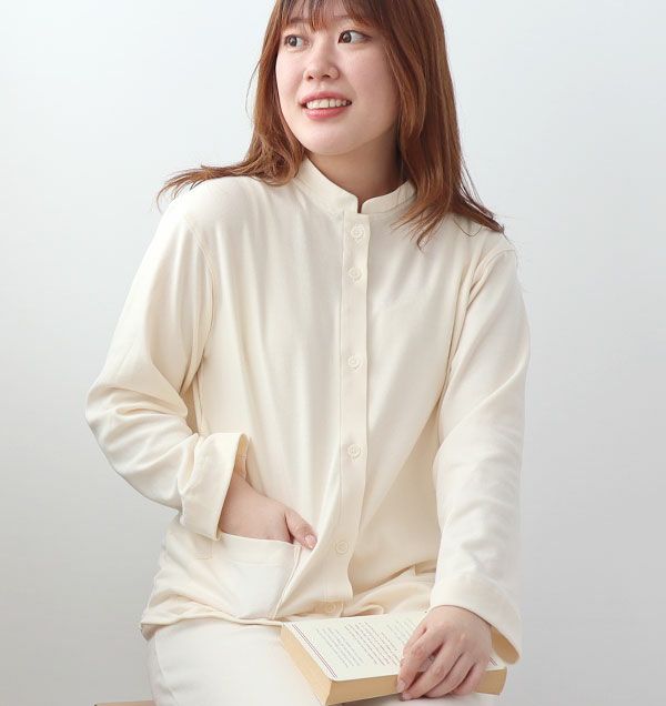 オーガニックコットンスムースニットレディースパジャマ上下セット・長袖/前開き/バンドカラー