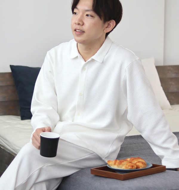 コットンワッフルニットメンズパジャマ上下セット・長袖/前開き/襟あり