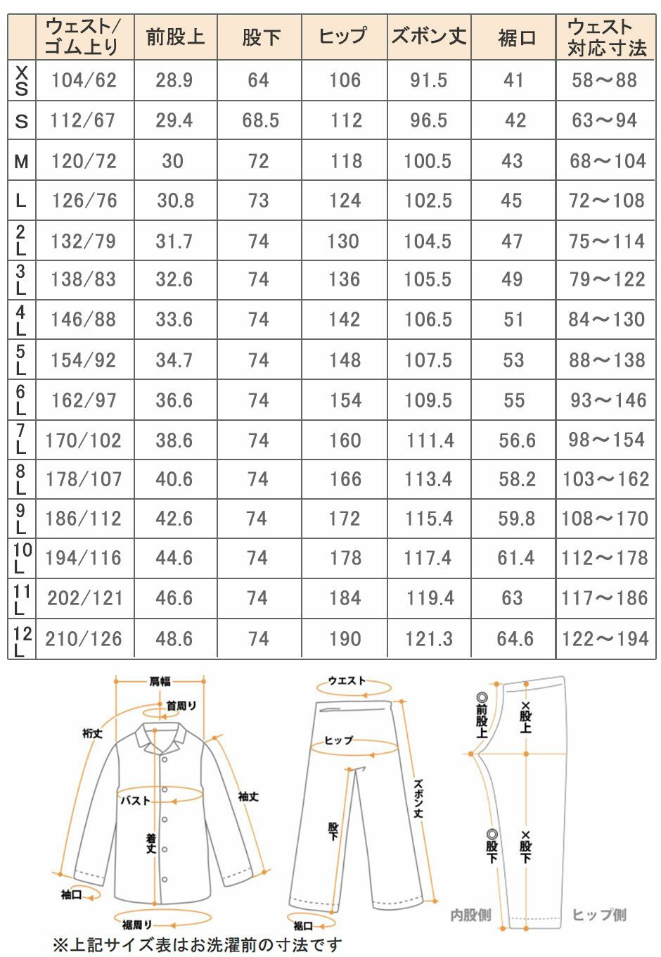 ズボンサイズ表