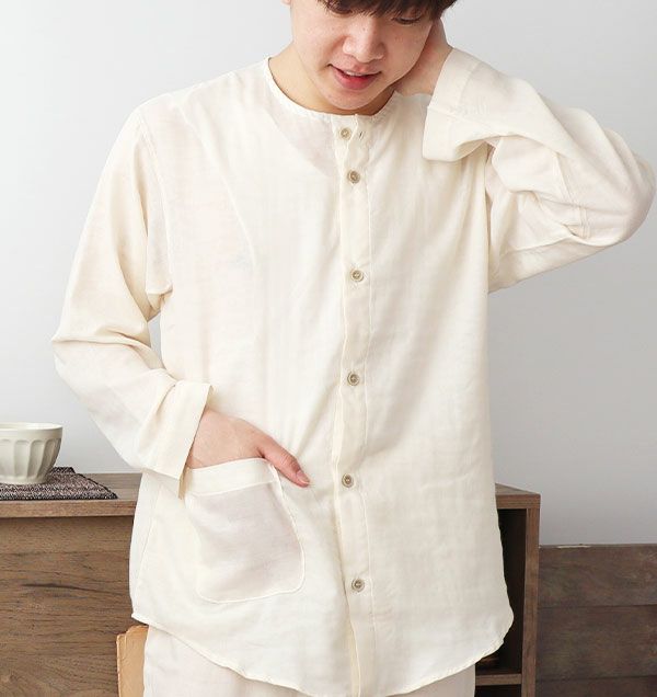 とろけるガーゼメンズパジャマ上下セット・長袖/前開き/襟なし