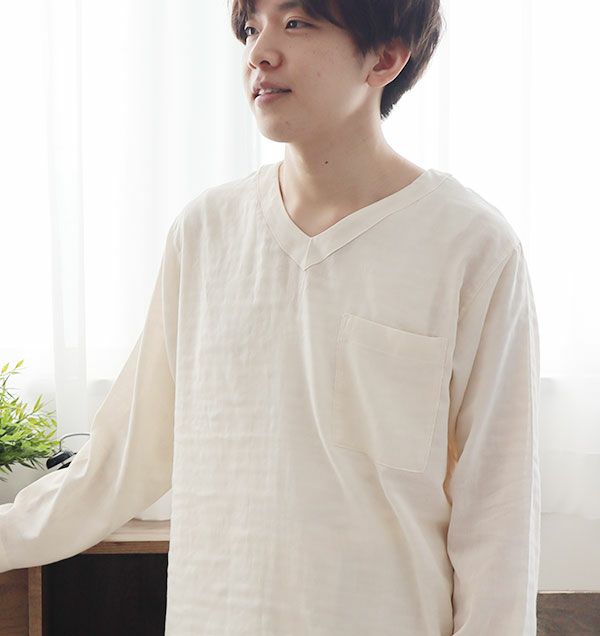 とろけるガーゼメンズパジャマ上下セット・長袖/かぶり/Vネック