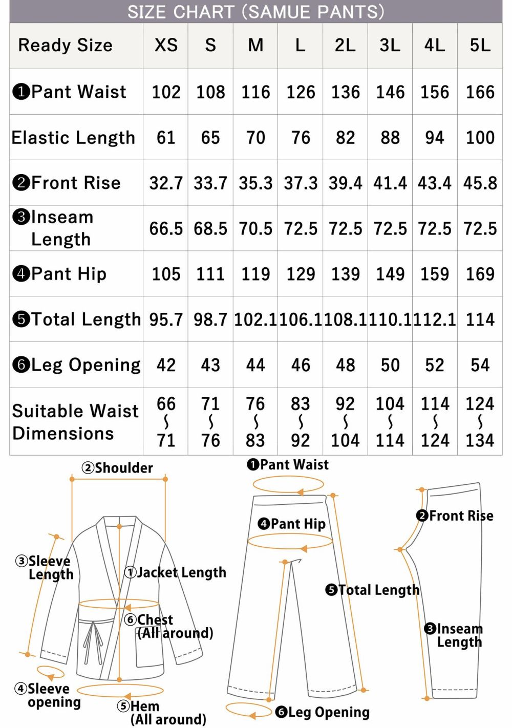 size chart for pants