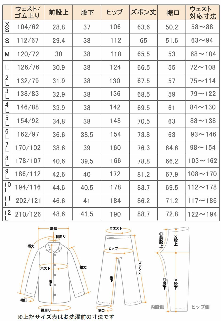 ズボンサイズ表