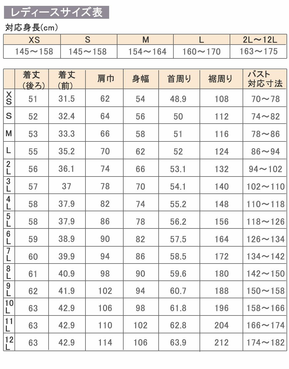 レディースサイズ表