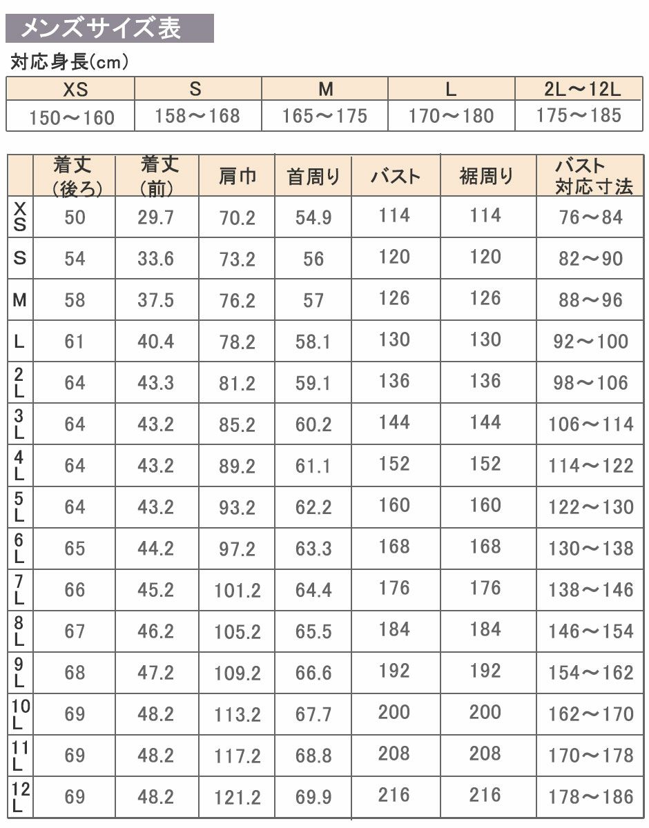 メンズサイズ表