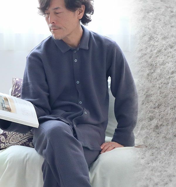 カシミヤタッチコットメンズパジャマ上下セット・長袖/前開き/襟あり