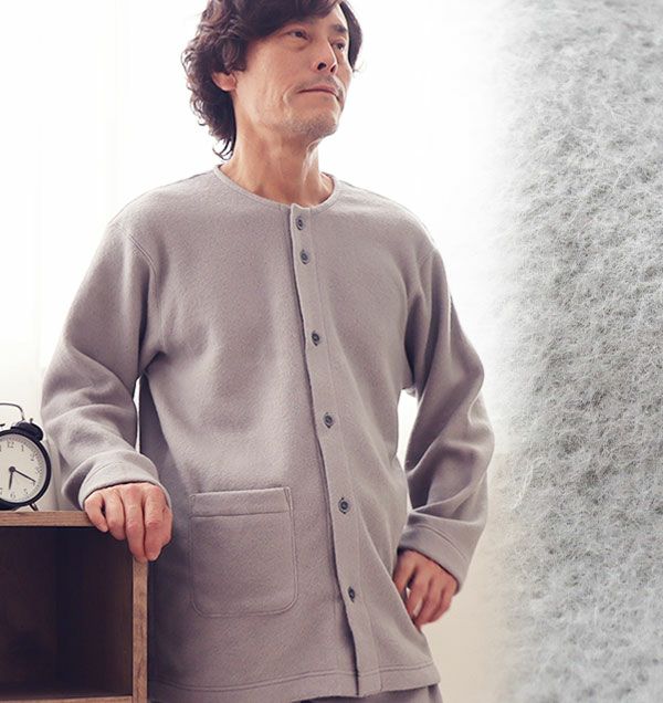 カシミヤタッチコットメンズパジャマ上下セット・長袖/前開き/襟なし