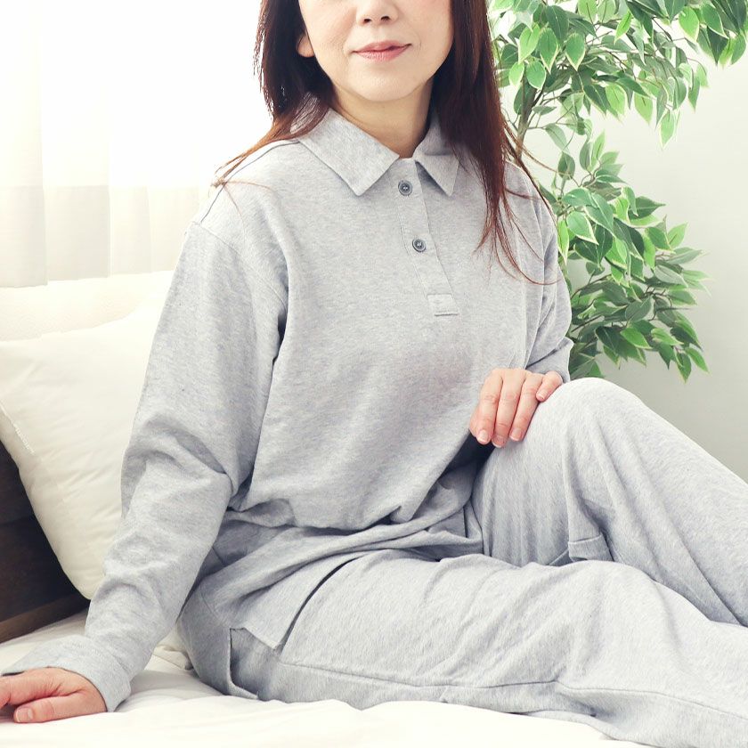 スフレニットレディースパジャマ上下セット・長袖/かぶり/ポロカラー