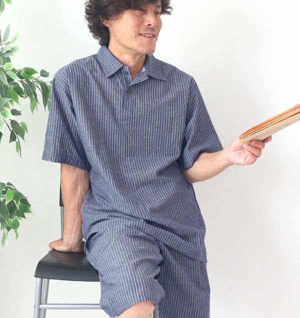 綿麻先染ストライプメンズパジャマ上下セット・半袖/かぶり/ポロカラー/短パン