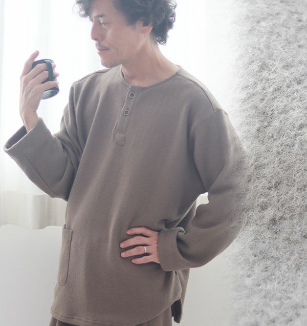 カシミヤタッチコットメンズパジャマ上下セット・長袖/かぶり/ヘンリーネック